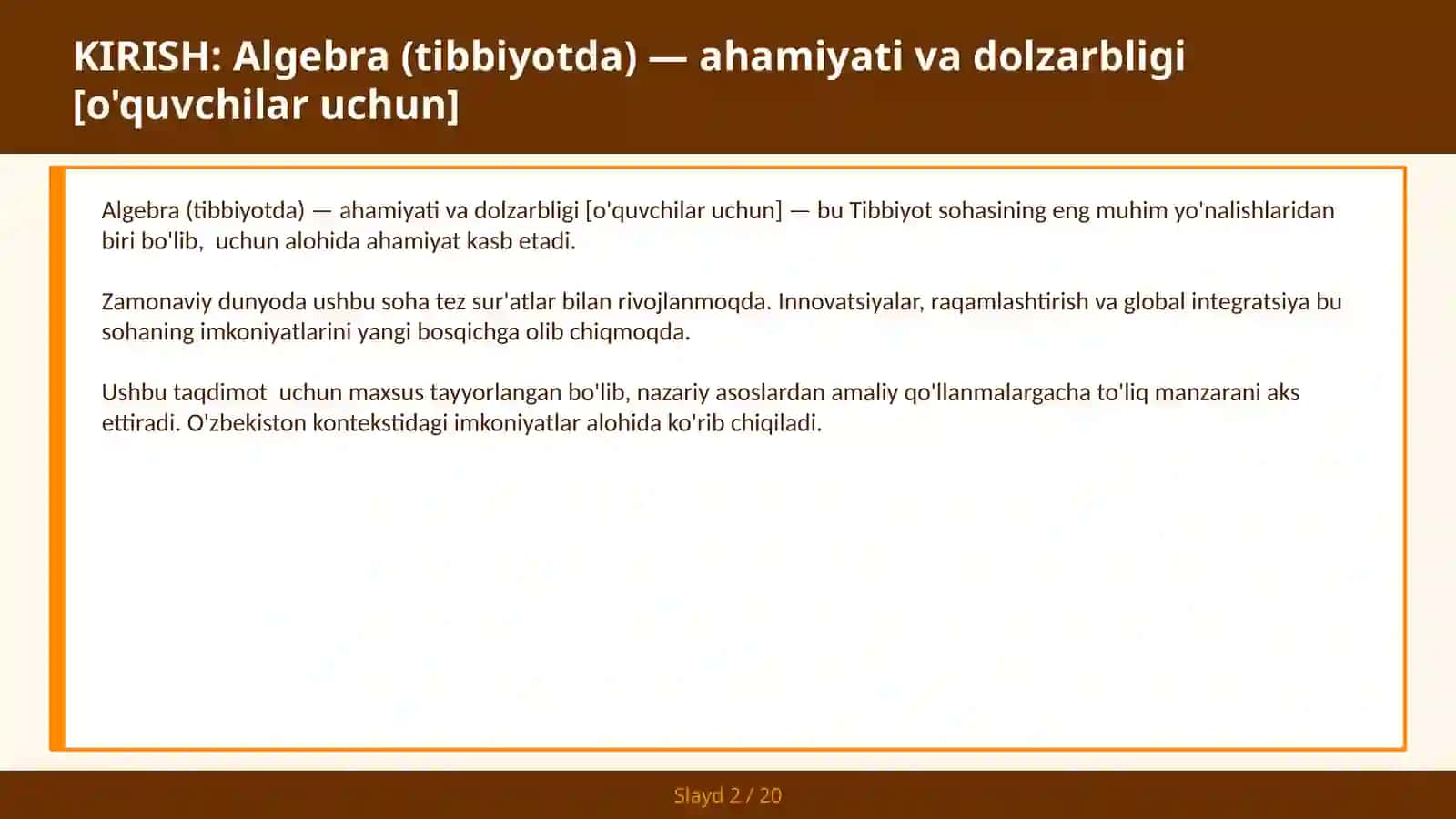 Algebra (tibbiyotda) — ahamiyati va dolzarbligi [o'quvchilar uchun] 2