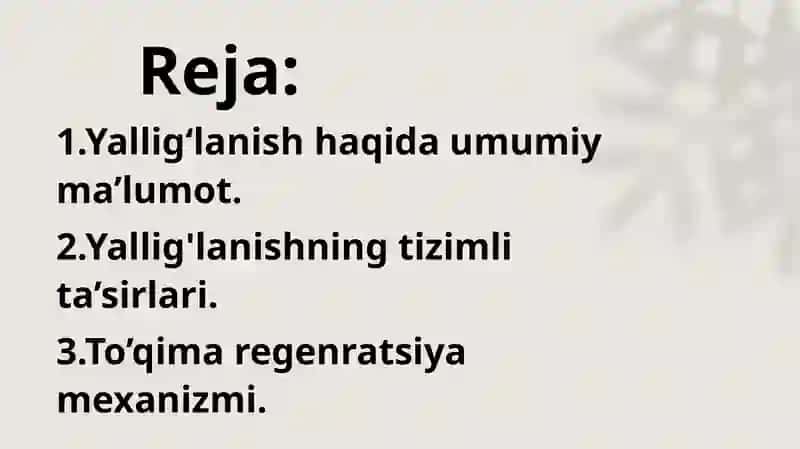 Yallig‘lanishning tizimli ta’sirlari. Hujayradan tashqari matriks va hujayra-matriks o‘zaro ta’siri. To‘qima regeneratsiyasi mexanizmi. 2