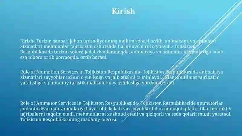 Tojikiston Respublikasida Turistik Korxonalarda Animatsiya Hamda Animatorlik Xizmatining Tutgan O`Rni 2