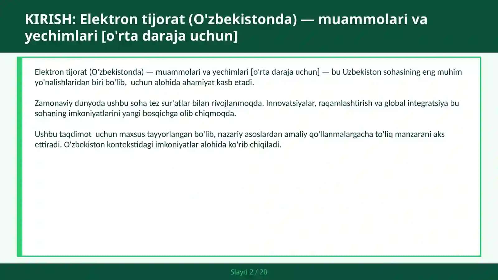 Elektron tijorat (O'zbekistonda) — muammolari va yechimlari [o'rta daraja uchun] 2