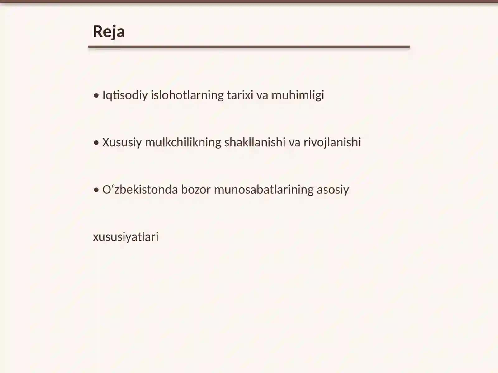 Iqtisodiy islohotlar, xususiy mulkchilikning shakllanishi. O‘zbekistonda bozor munosabatlarining rivojlanishi 2