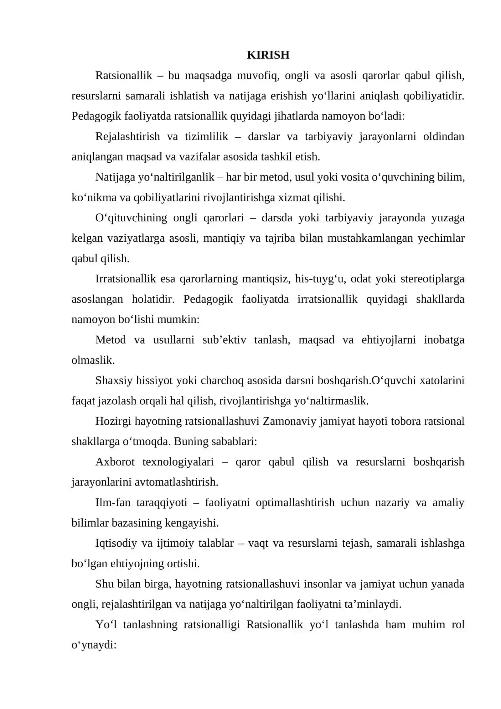 PEDAGOGIK FAOLIYATDA RATSIONALLIK VA IRRATSIONALLIKNING O'ZIGA XOS JIHATLARI. HOZIRGI HAYOTNING RATSIONALLASHUVI. YO'L TANLASHNING RATSIONALLIGI. 2