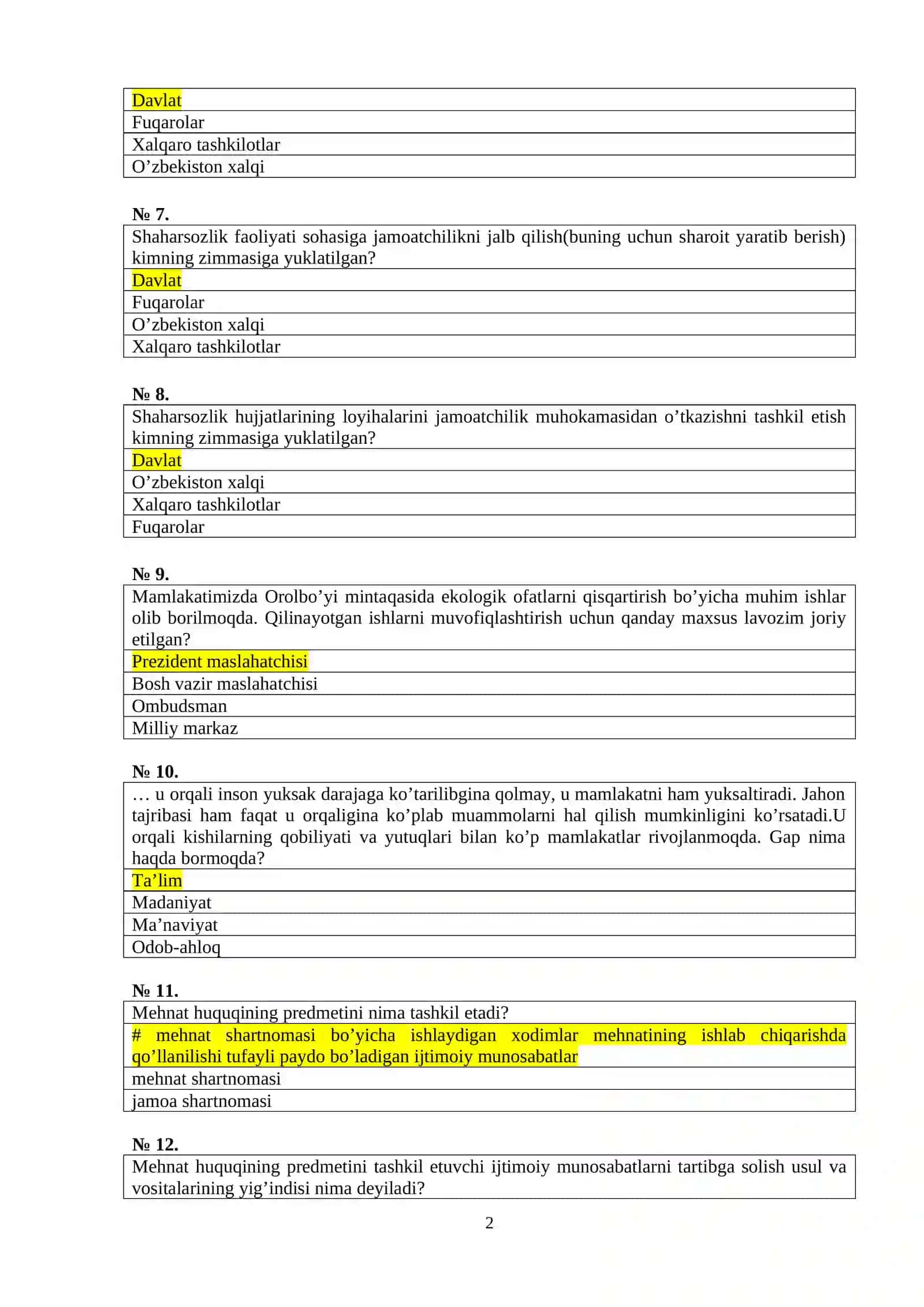 Huquq sohalari test 2