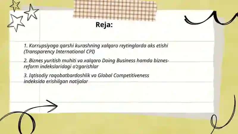 Yangi Oʻzbekiston ijtimoiy-siyosiy, iqtisodiy va madaniy hayotida roʻy berayotgan oʻzgarishlarning xalqaro reyting va indekslarda aks etishi 2