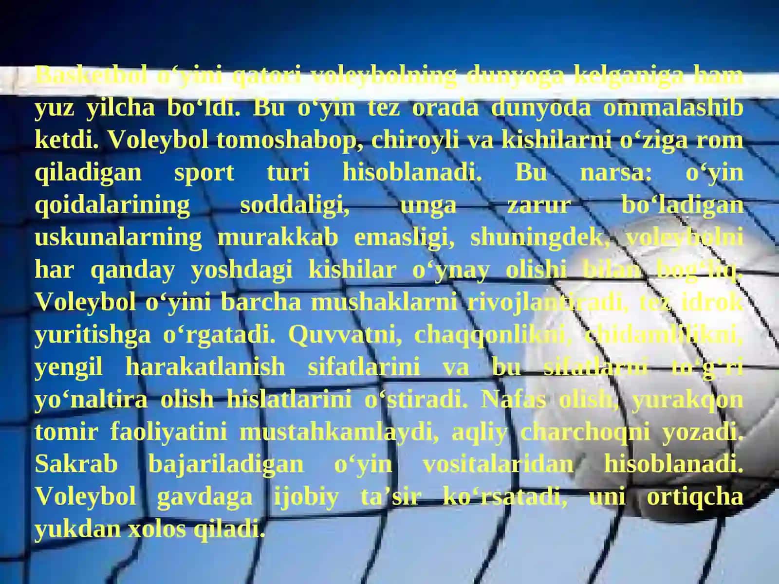 JISMONIY TARBIYA VA OLIMPIYA TARIXI FANIDAN SPORTNING VALEYBOL TURIDAN MUSTAQIL ISH 2