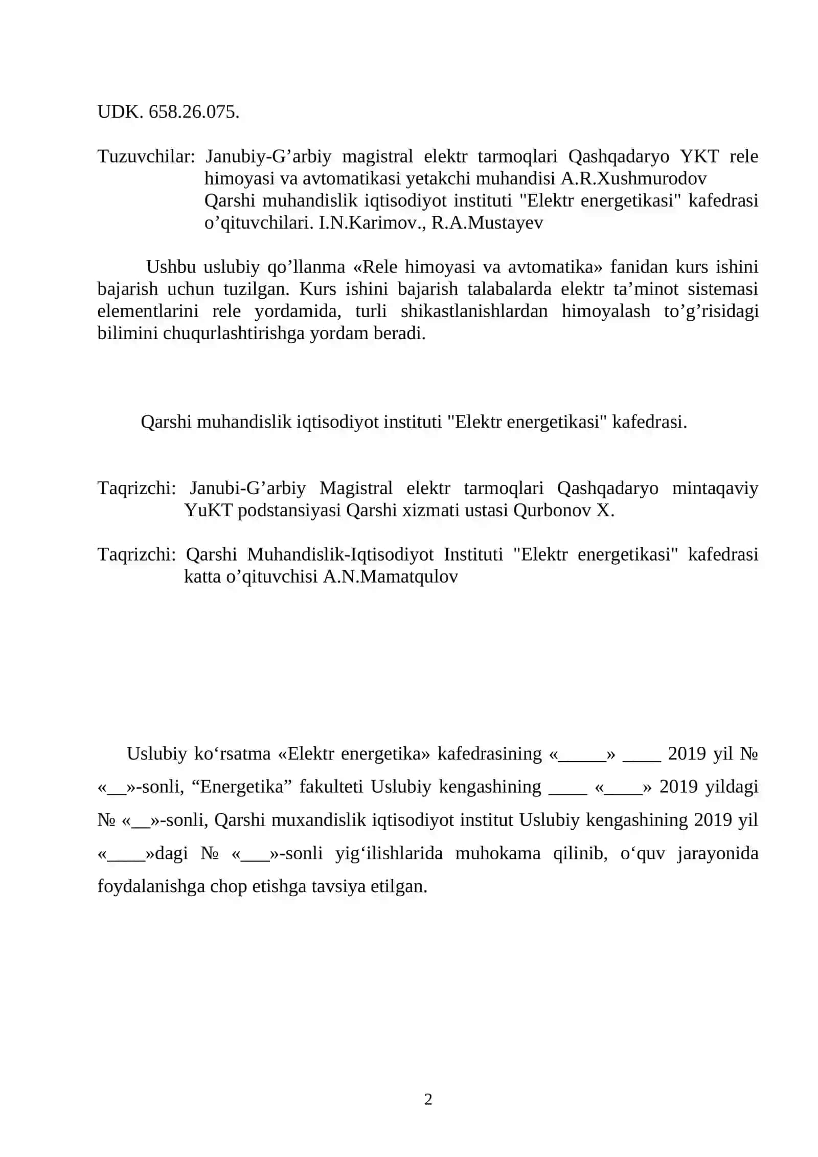 Rele himoyasi va avtomatika 2