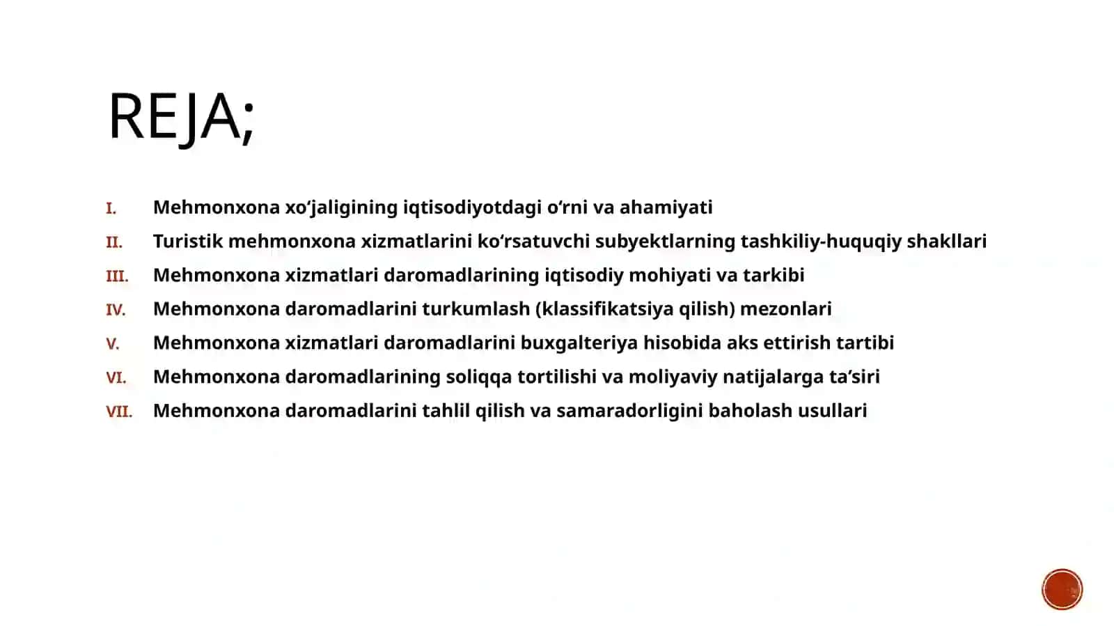 Turistik mehmonxona xizmatlarini ko‘rsatuvchi subyektlar daromadlarini turkumlash va uning hisobi 2