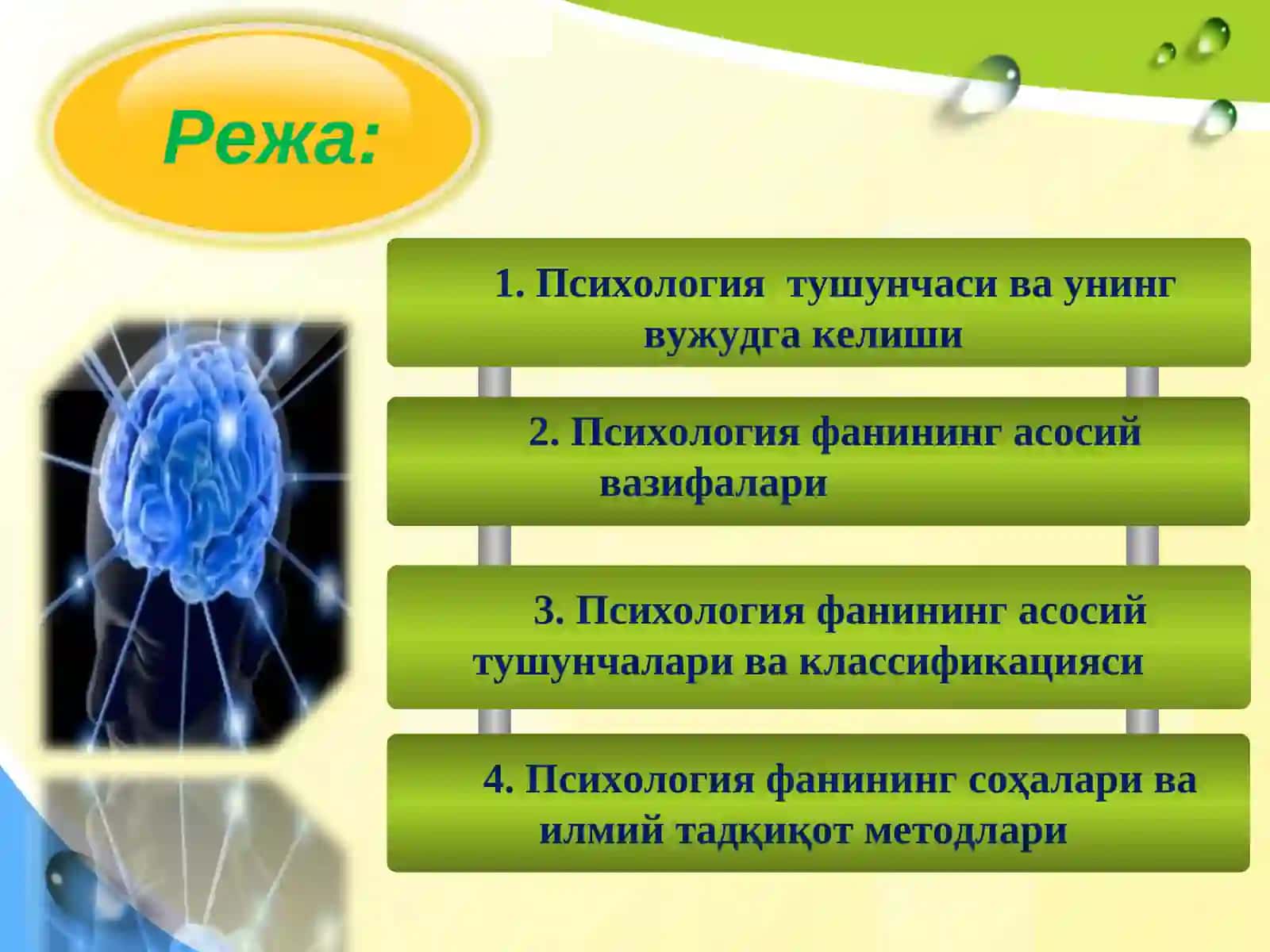 ПСИХОЛОГИЯ ФАНИНИНГ ПРЕДМЕТИ ВА АМАЛИЙСОҲАЛАРИ 2