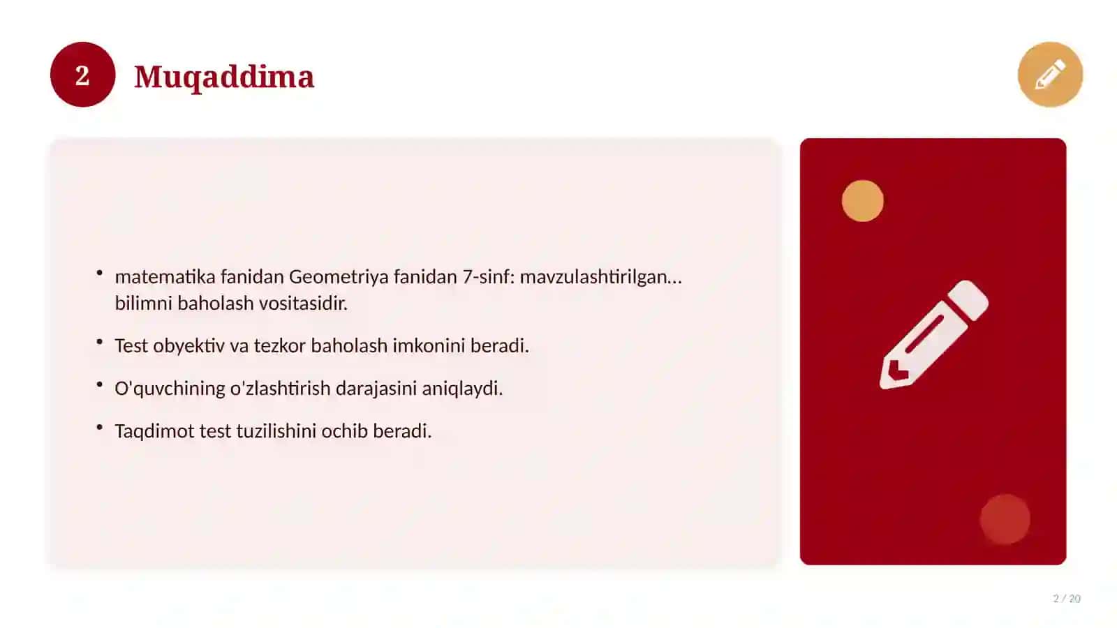 Geometriya fanidan 7-sinf: mavzulashtirilgan nazorat ishi 2