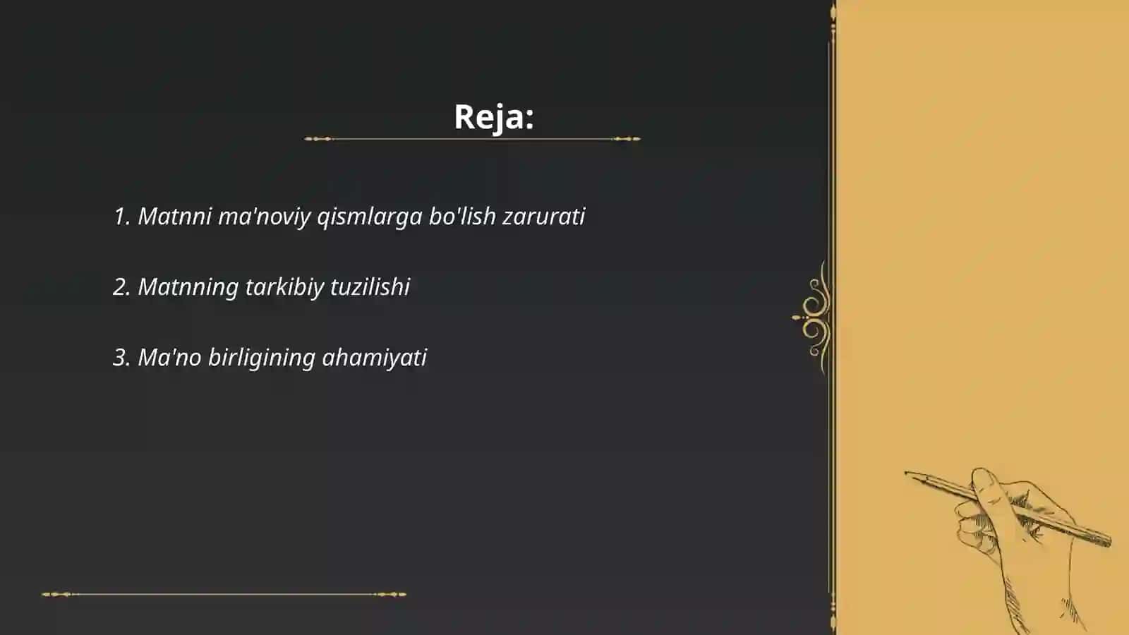 Matnni ma'noviy qismlarga bo'lish tamoyillari. Reja. Reja turlari 2