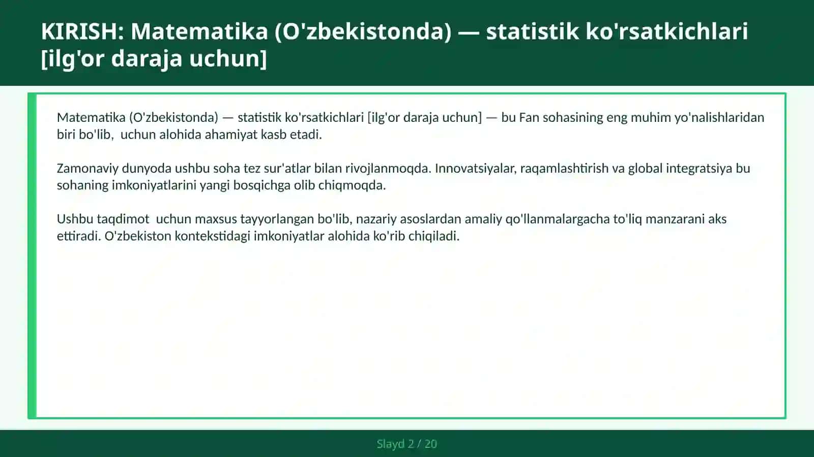 MATEMATIKA (O'ZBEKISTONDA) — STATISTIK KO'RSATKICHLARI [ILG'OR DARAJA UCHUN] 2