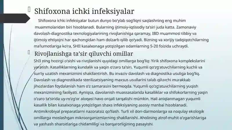 Shifoxona ichki infeksiyasi. Xirurgiya da OITS va KOVID-19 muammolari 2