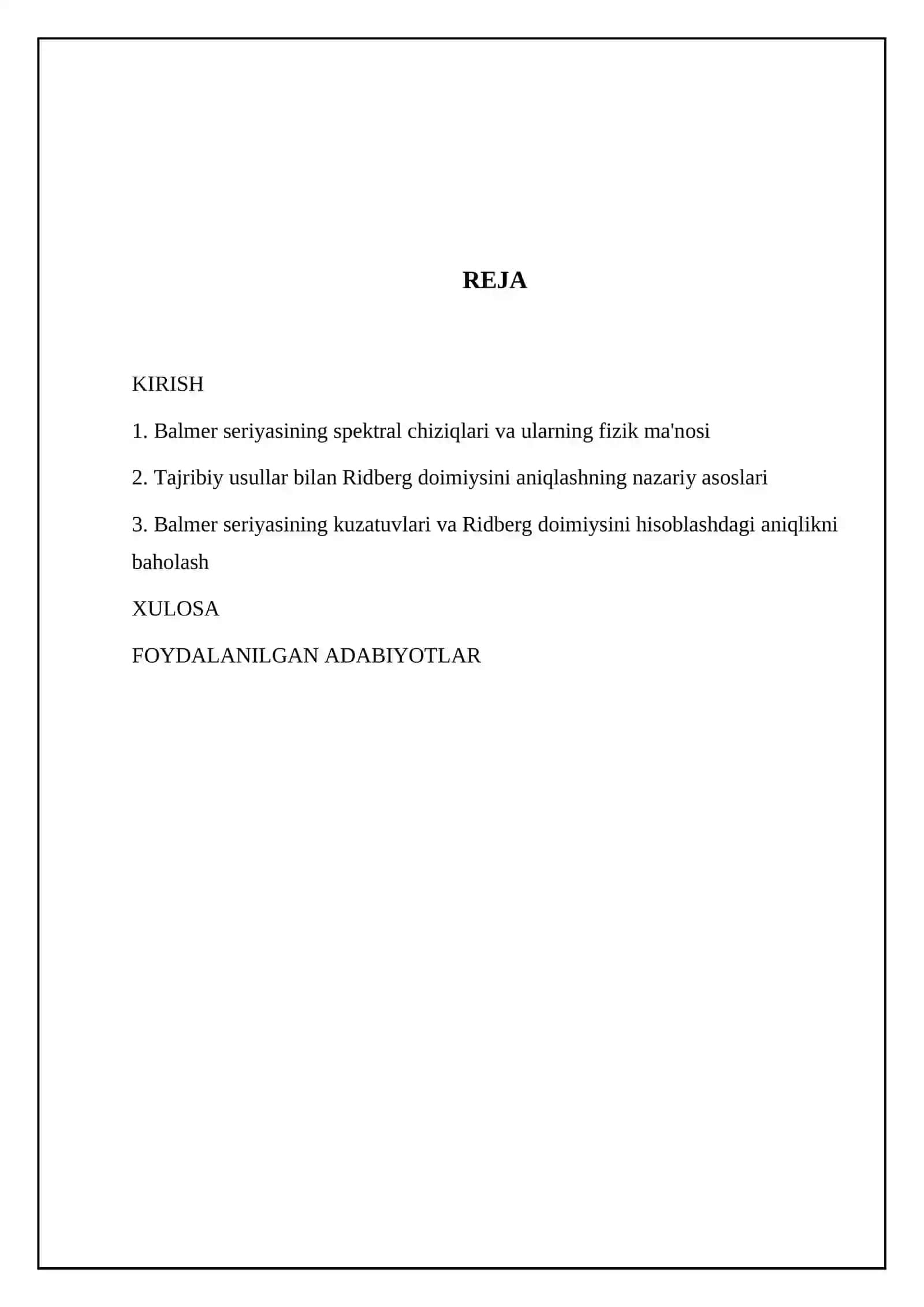 Balmer seryasi va Ridberg doimiysini aniqlashni urganish 2