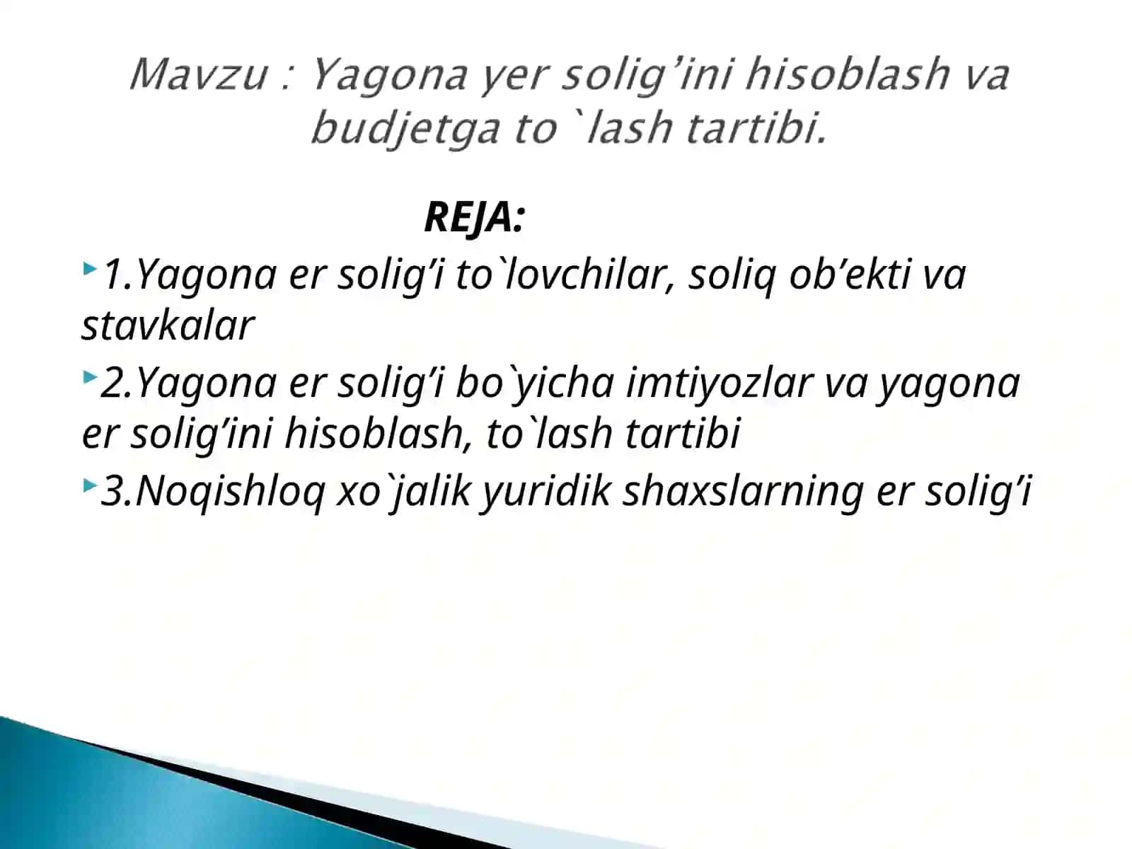 Yagona er solig’i to`lovchilar, soliq ob’ekti va stavkalar 2