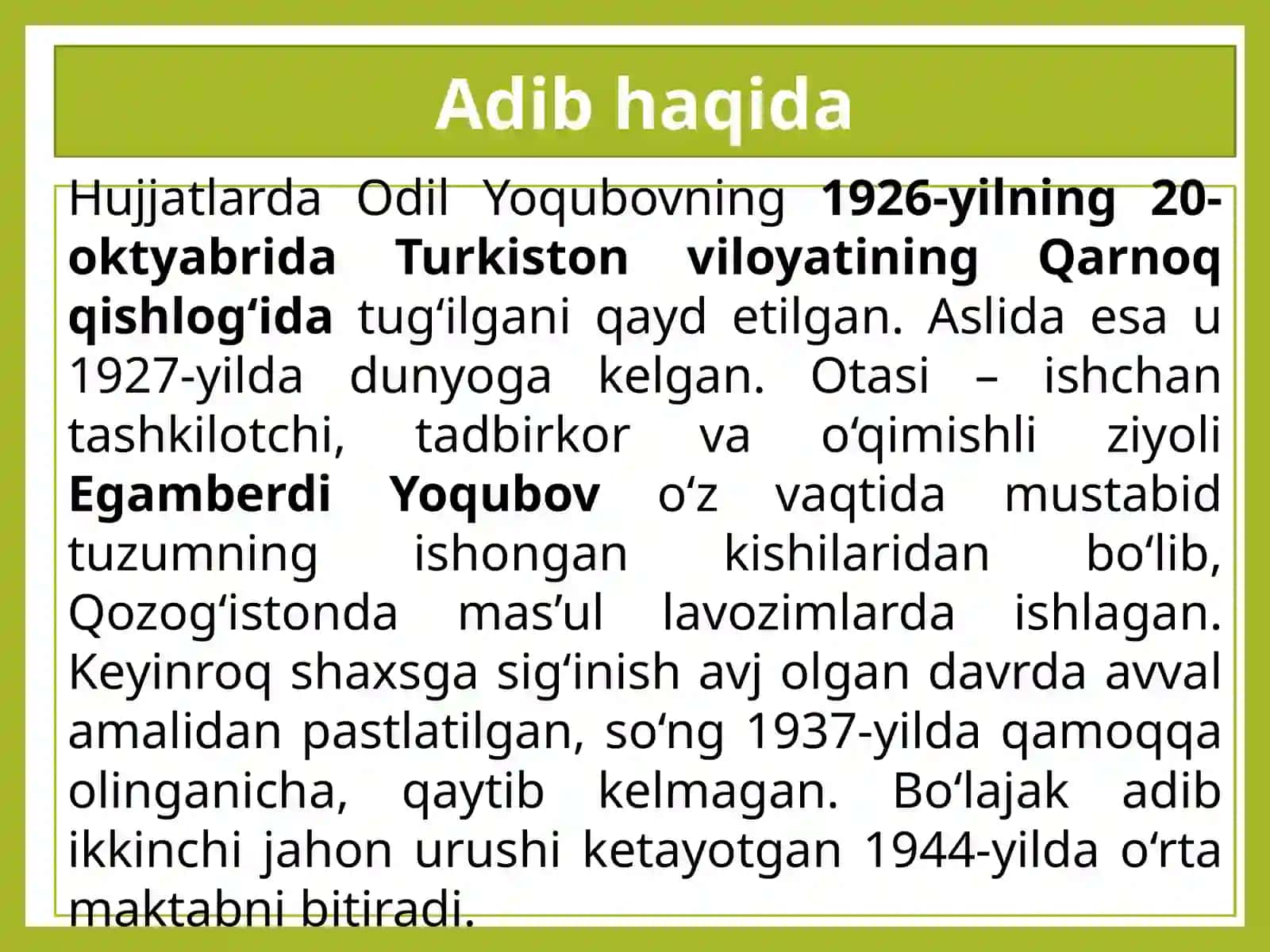 Odil Yoqubov hayoti va ijodi. “Ulug‘bek xazinasi” romani. Nazariy ma’lumot. Badiiy adabiyot daruriyat tahlili 2