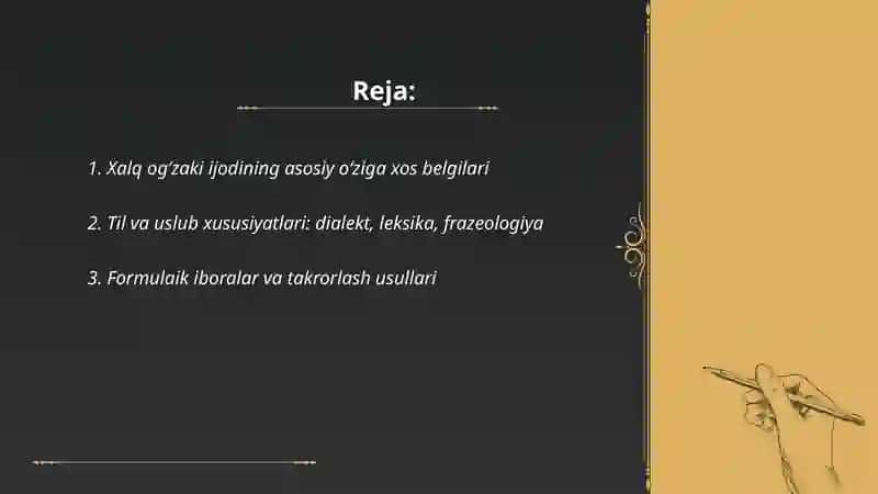 Xalq ogʻzaki ijodining oʻziga xos belgilari, janrlari 2