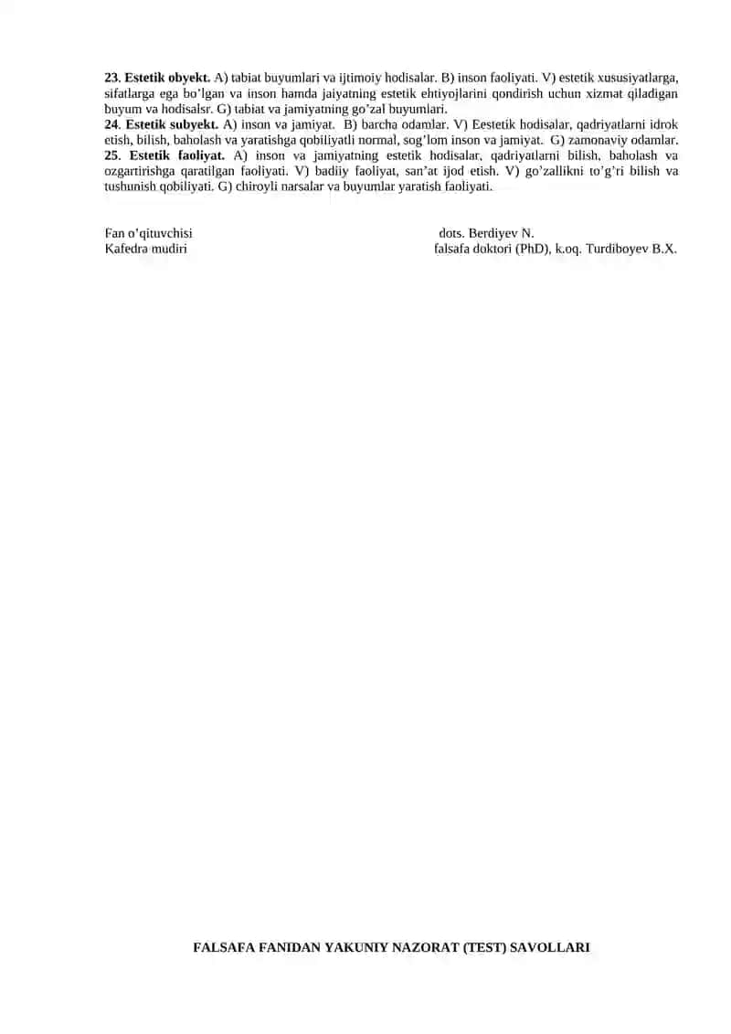 FALSAFA FANIDAN YAKUNIY NAZORAT (TEST) SAVOLLARI 2