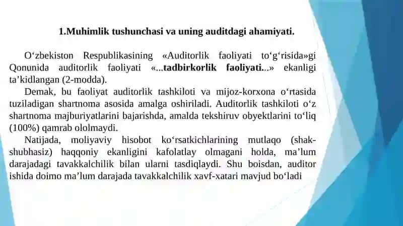 AUDITDA MUHIMLIK TUSHUNCHASI VA AUDITORLIK TAVAKKALCHILIGI 2