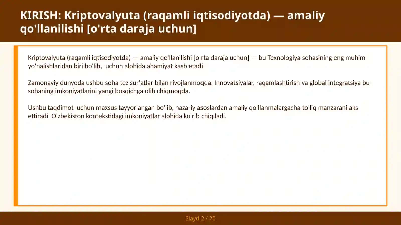 Kriptovalyuta (raqamli iqtisodiyotda) — amaliy qo'llanilishi [o'rta daraja uchun] 2