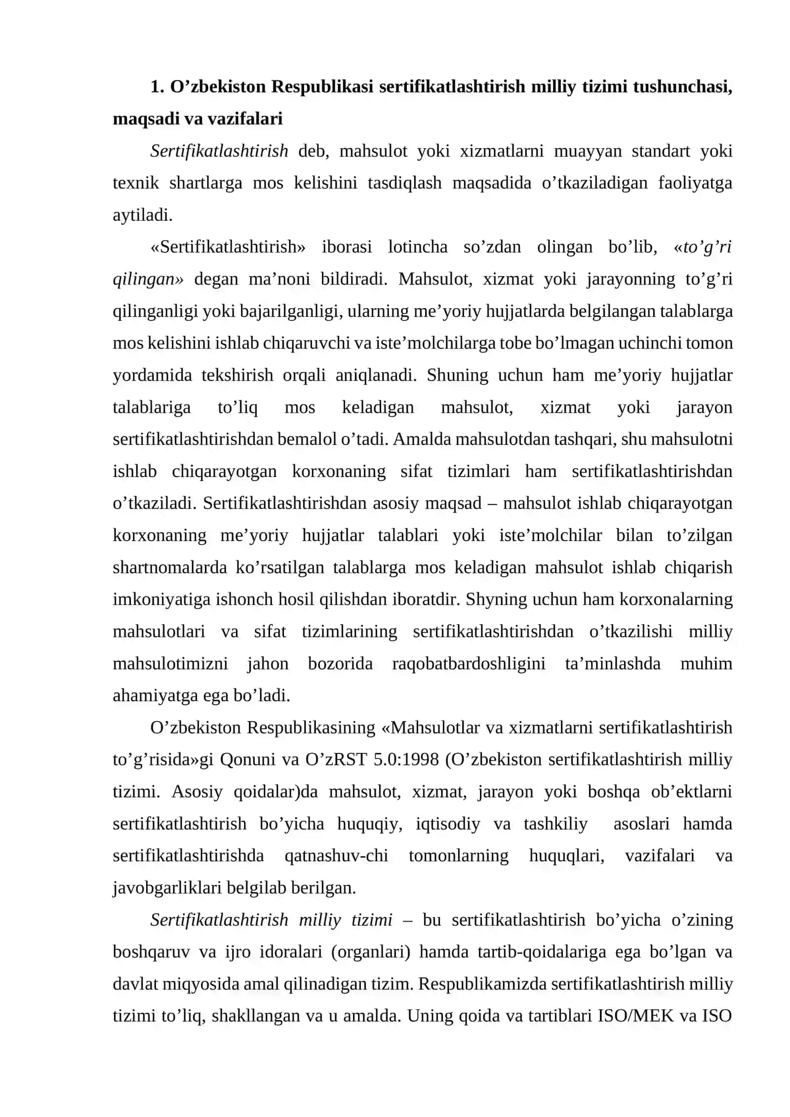 O’zbekiston Respublikasi sertifikatlashtirish milliy tizimi, milliy idoralar va ularning vazifalari 2