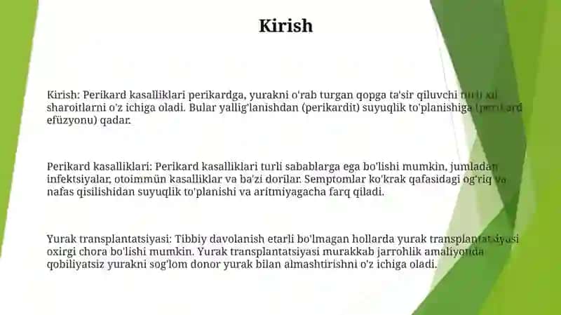 Perikard Kasalliklari. Yurak O'Smalari.Yurak Transplantatsiyasi 2