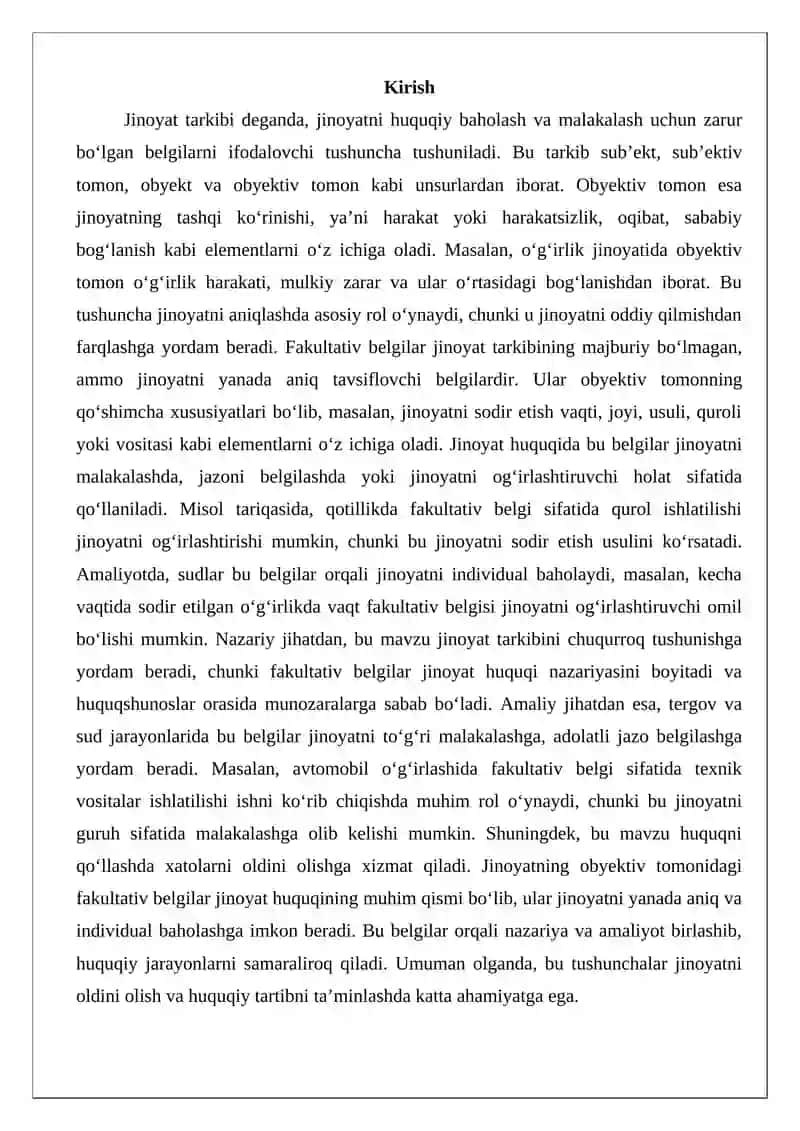 Jinoyatning obyektiv tomoni fakultativ belgilari 2