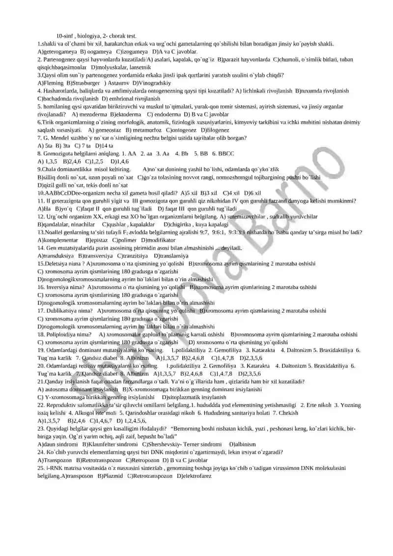 Biologiya test savollari 2