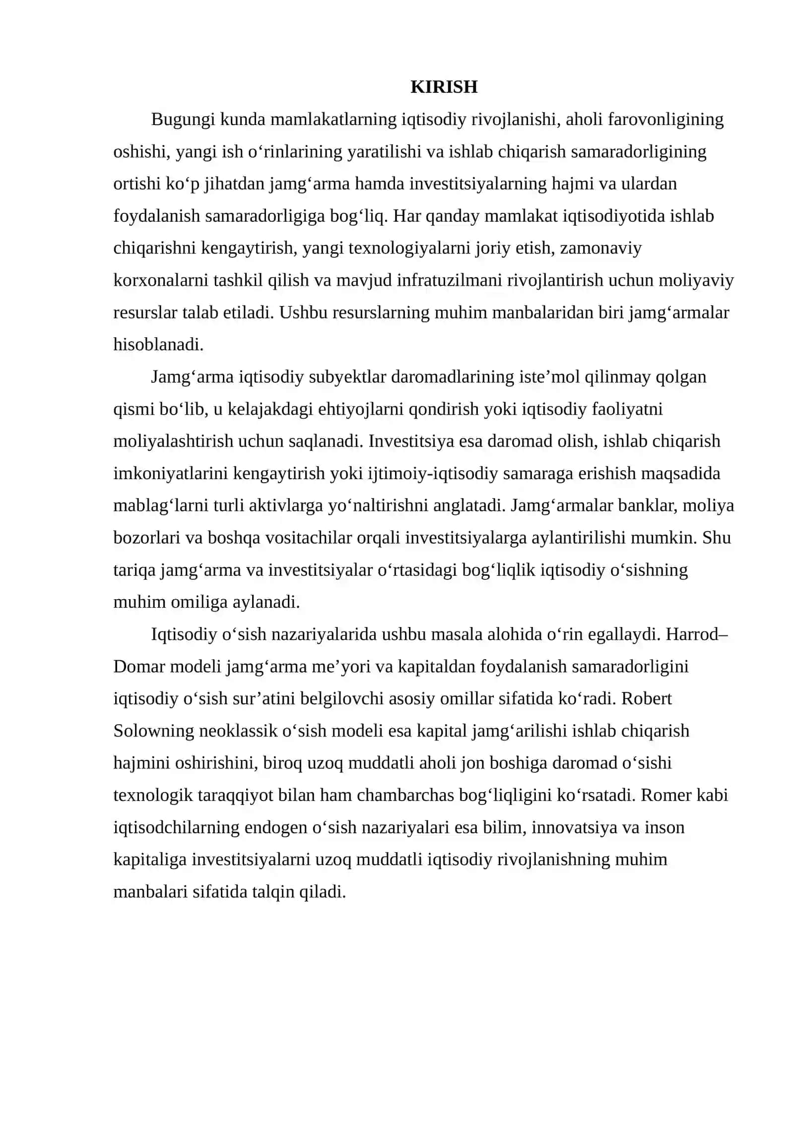 Jamg‘arma va investitsiyalarning iqtisodiy o‘sishga ta’sirini ilmiy manbalar asosida tahlil qilish 2