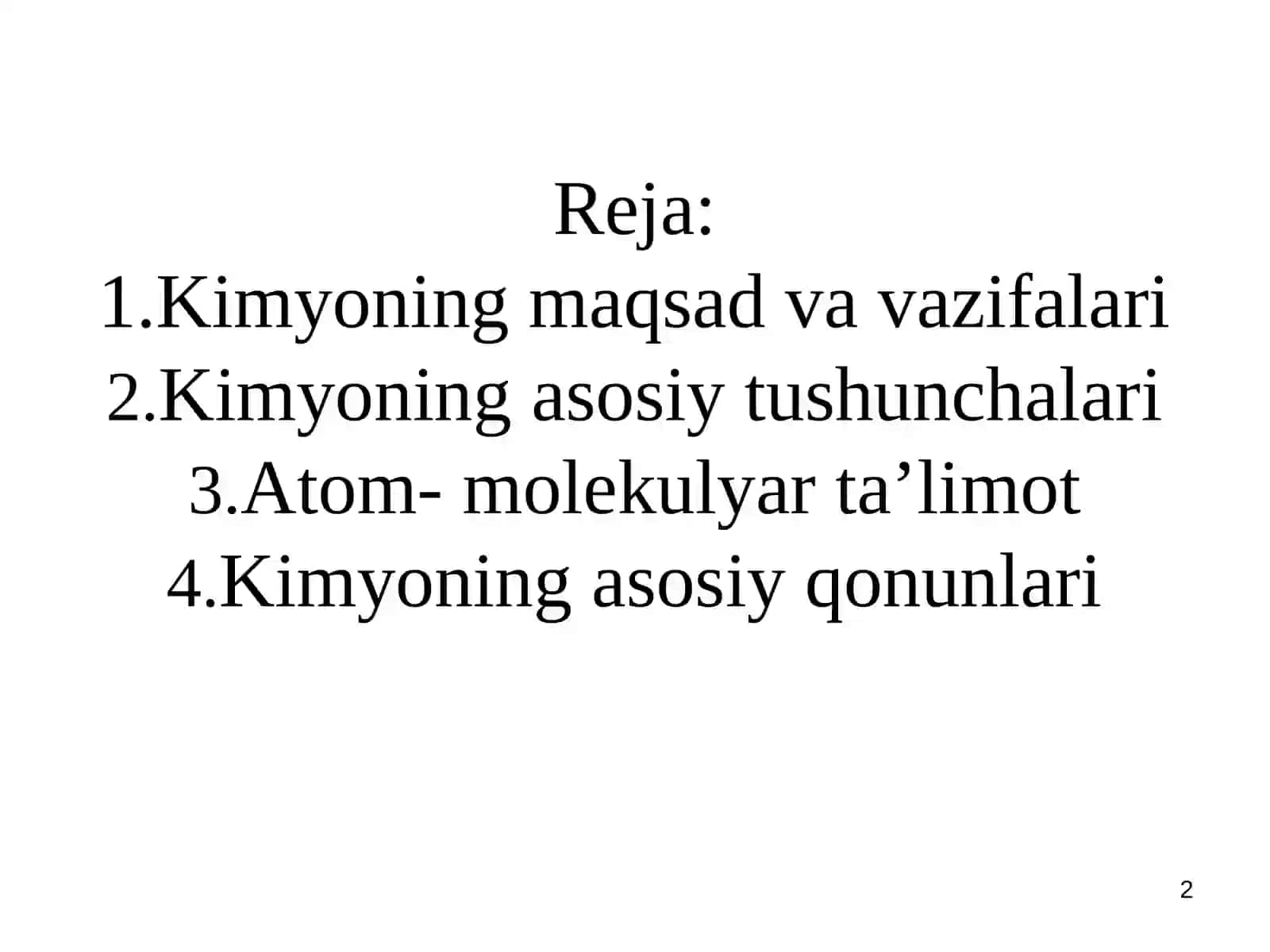 Kirish. Fanning maqsadi. Kimyoning asosiy qonunlari 2