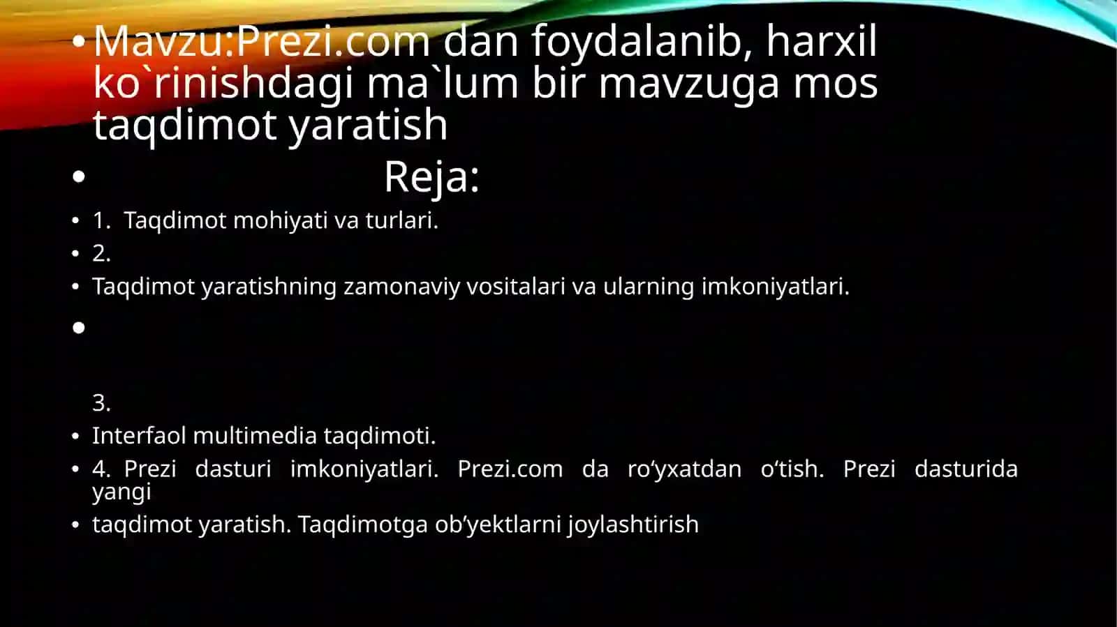 Prezi.com da foydalanib, har xil ko`rinishdagi ma`lum bir mavzu ga mostaqdimot yaratish 2