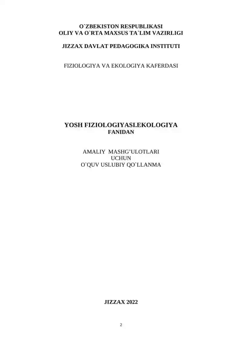 Yoshlar fiziologiyasi.Ekologiya AMALIY MASHG’ULOTLARI 2