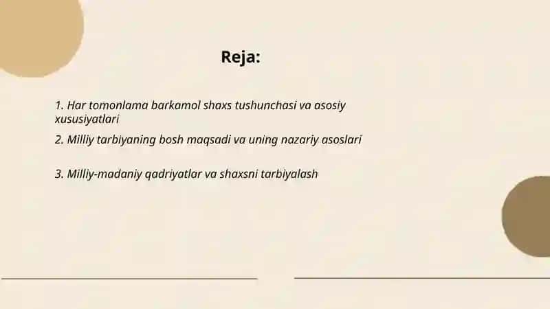 Har tomonlama barkamol shaxsni tarbiyalash-milliy tarbiyaning bosh maqsadi.Jamoaning shaxs tarbiyasiga tasiri.Sinf rahbarining tarbiyaviy ishi. 2