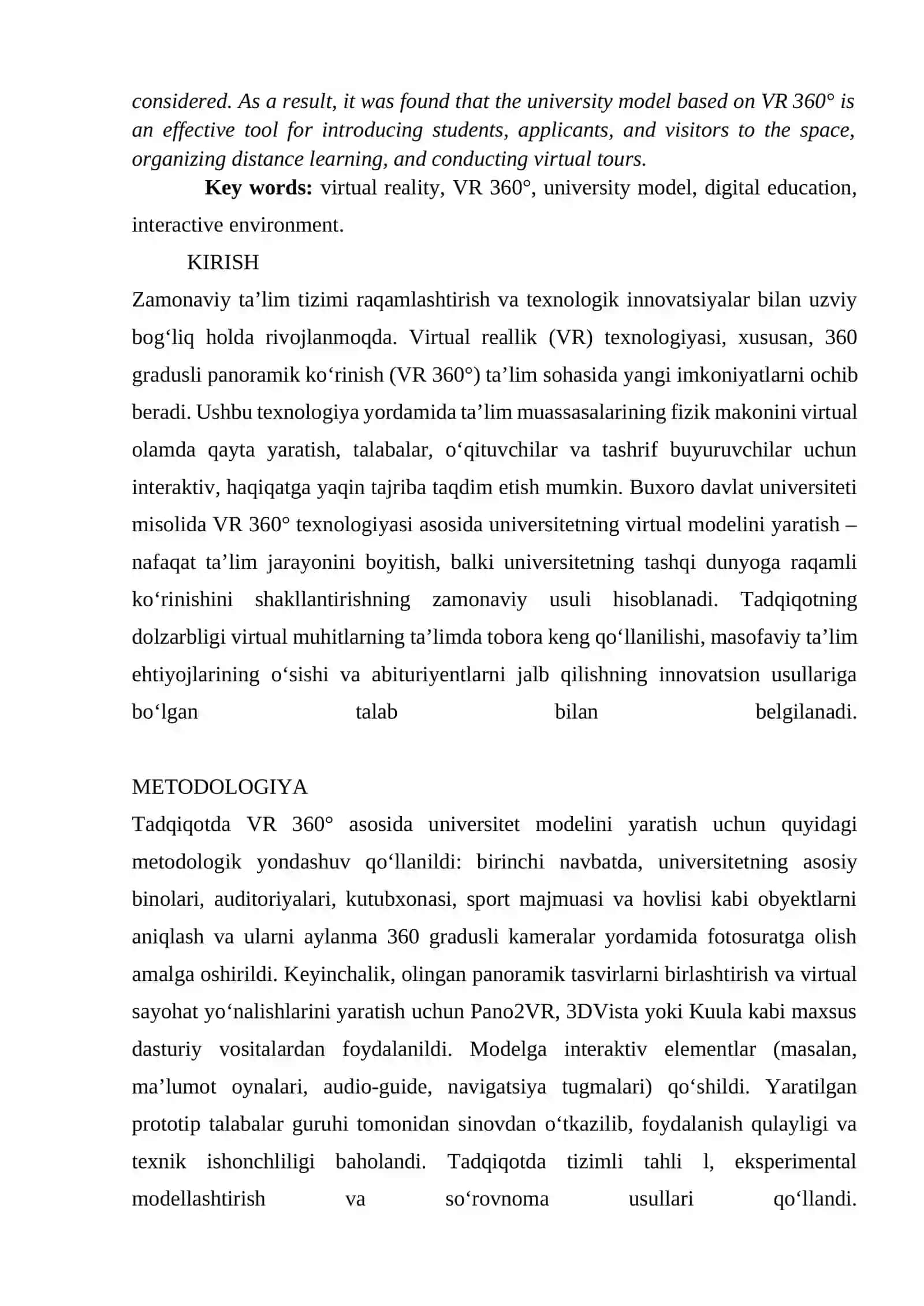 VIRTUAL REALLIK (VR 360°) TEXNOLOGIYASI ASOSIDA UNIVERSITETNING MODELI YARATISH 2
