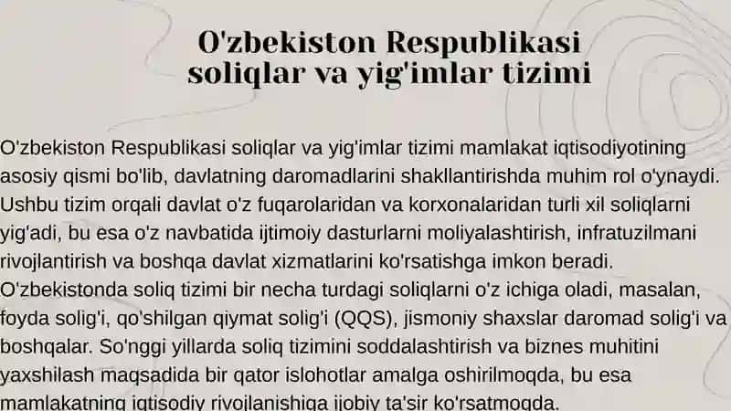 O'zbekiston Respublikasi soliqlar va yig'imlar tizimi 2