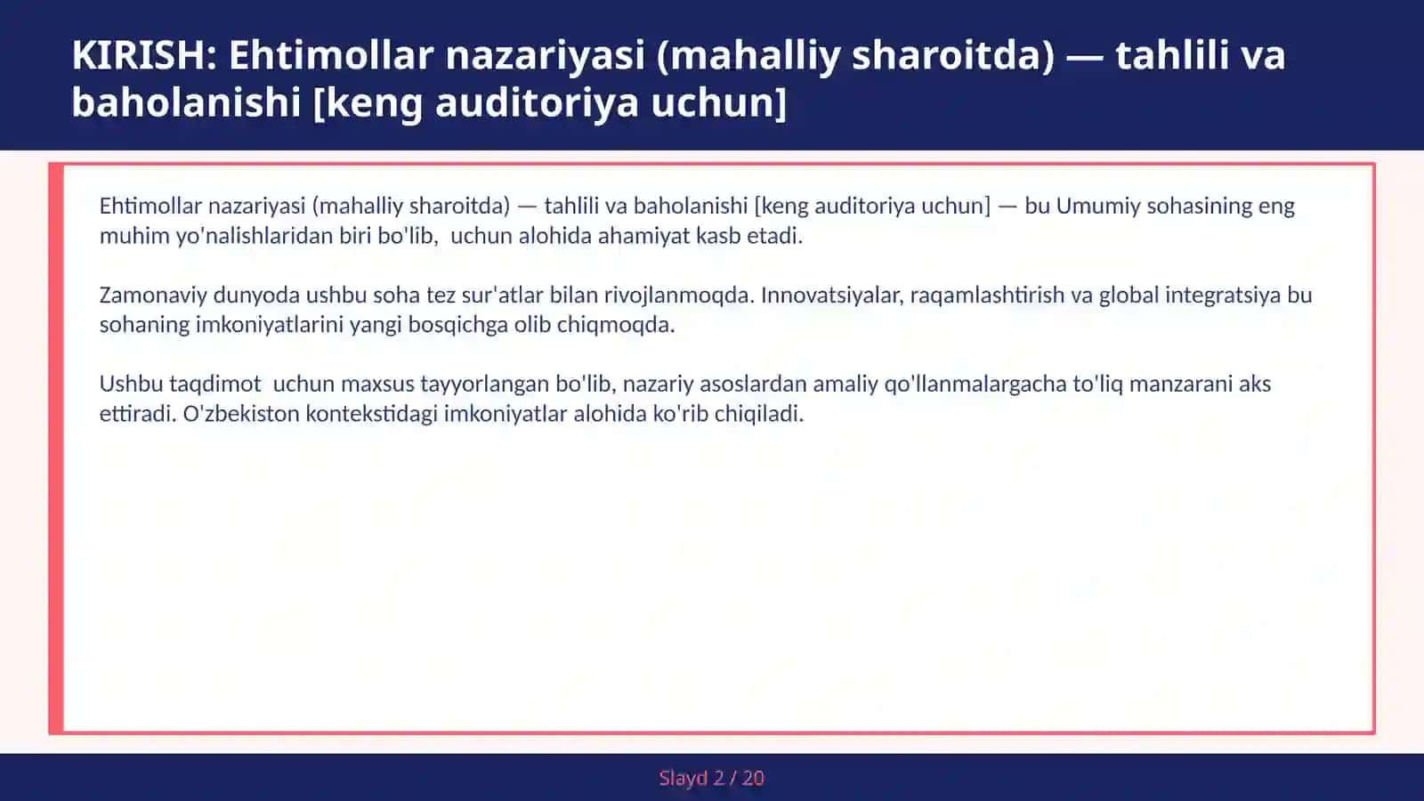 Ehtimollar Nazariyasi (Mahalliy Sharoitda) - Tahlili va Baholanishi [Keng Auditoriya Uchun] 2