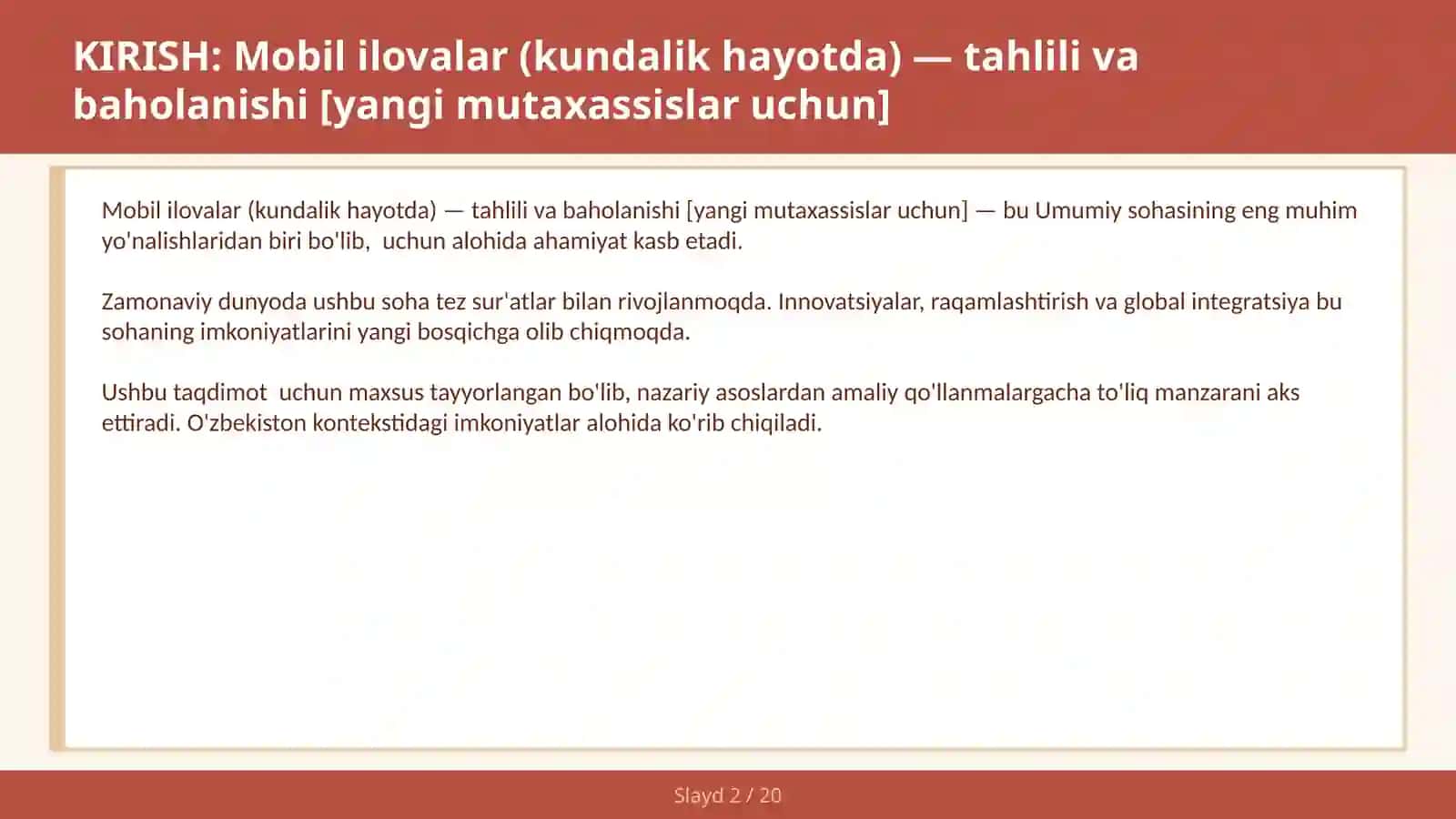 MOBIL ILOVALAR (KUNDALIK HAYOTDA) — TAHLILI VA BAHOLANISHI [YANGI MUTAXASSISLAR UCHUN] 2