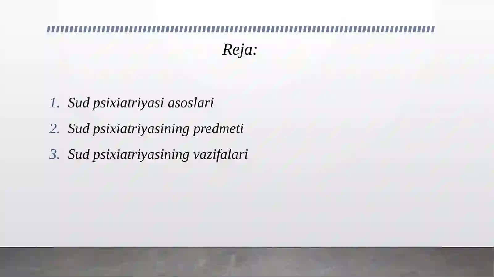 Sud psixiatriyasi asoslari. Sud psixiatriyasining predmeti va vazifalari. Asosiy maqsadlari va ahamiyati. “Psixiatriya yordami to‘g‘risida” hamda “Sud-ekspertiza to‘g‘risida”gi qonunlar. Qonunchilikka umumiy sharh. 2