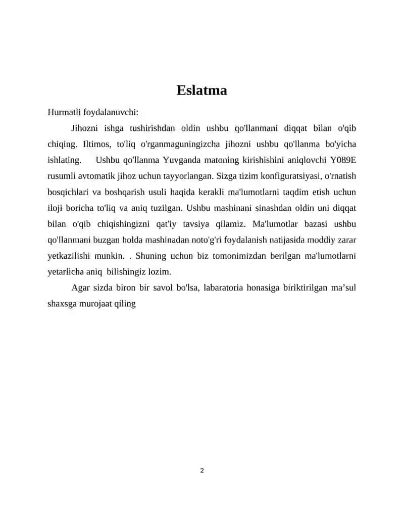 Yuvganda matoning kirishishini aniqlovchi Y089E rusumli avtomatik jihoz uchun USLUBIY QO`LLANMA 2