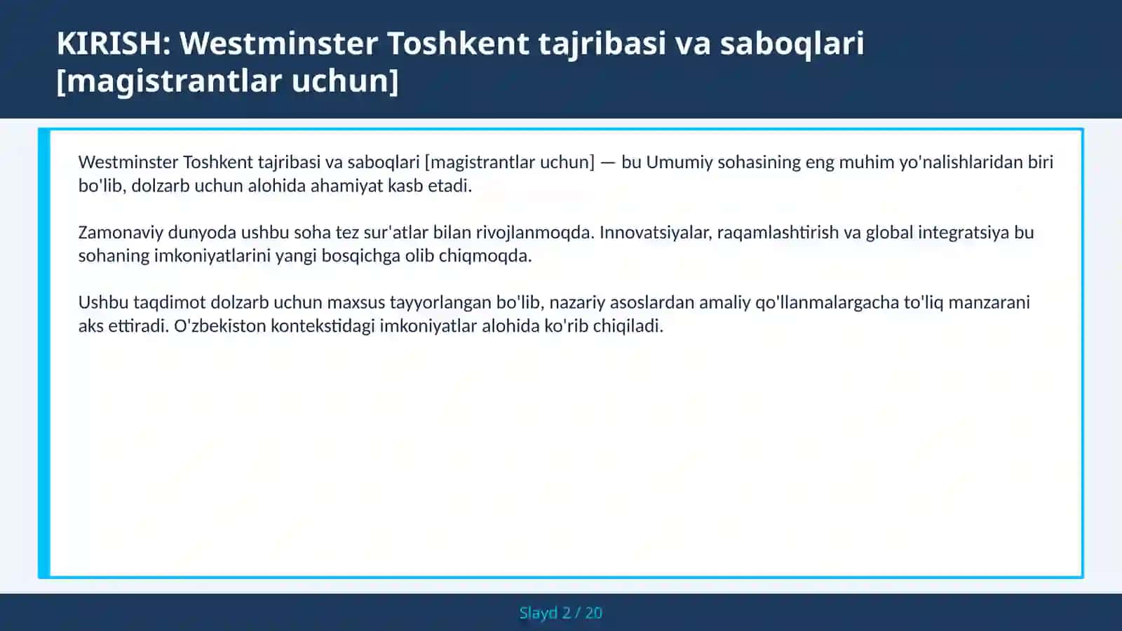 Westminster Toshkent tajribasi va saboqlari [magistrantlar uchun] 2