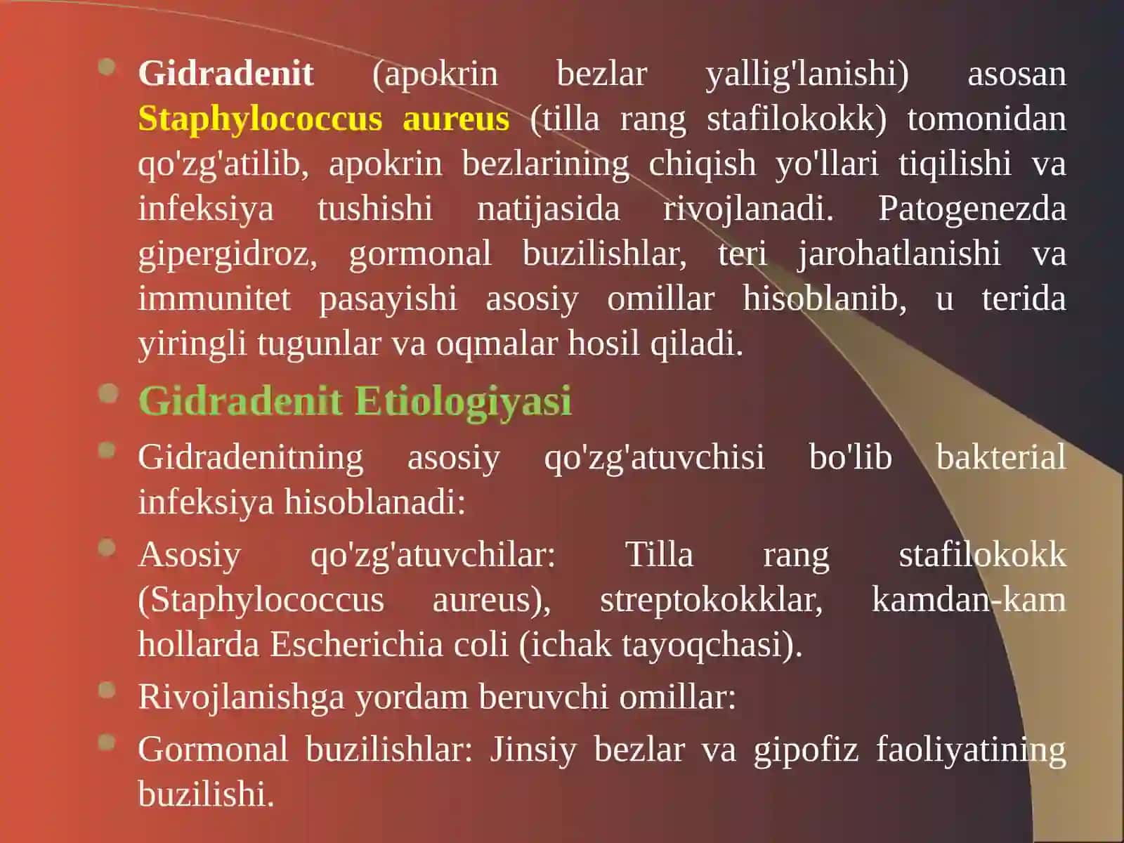 Gidradenit, mastit, paraproktit, parotit, erizepiloid etiologiyasi, patogenezi. Qandli diabetli bemorlarda yumshoq to‘qimalar xirurgik infeksiyasini davolash usullari 2