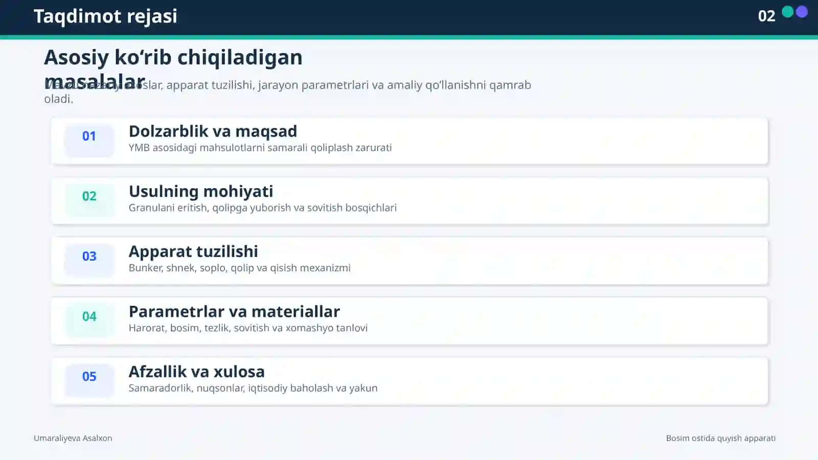 Yuqori molekulali birikmalar ishlab chiqarishda bosim ostida quyish apparatining qo‘llanilishi 2