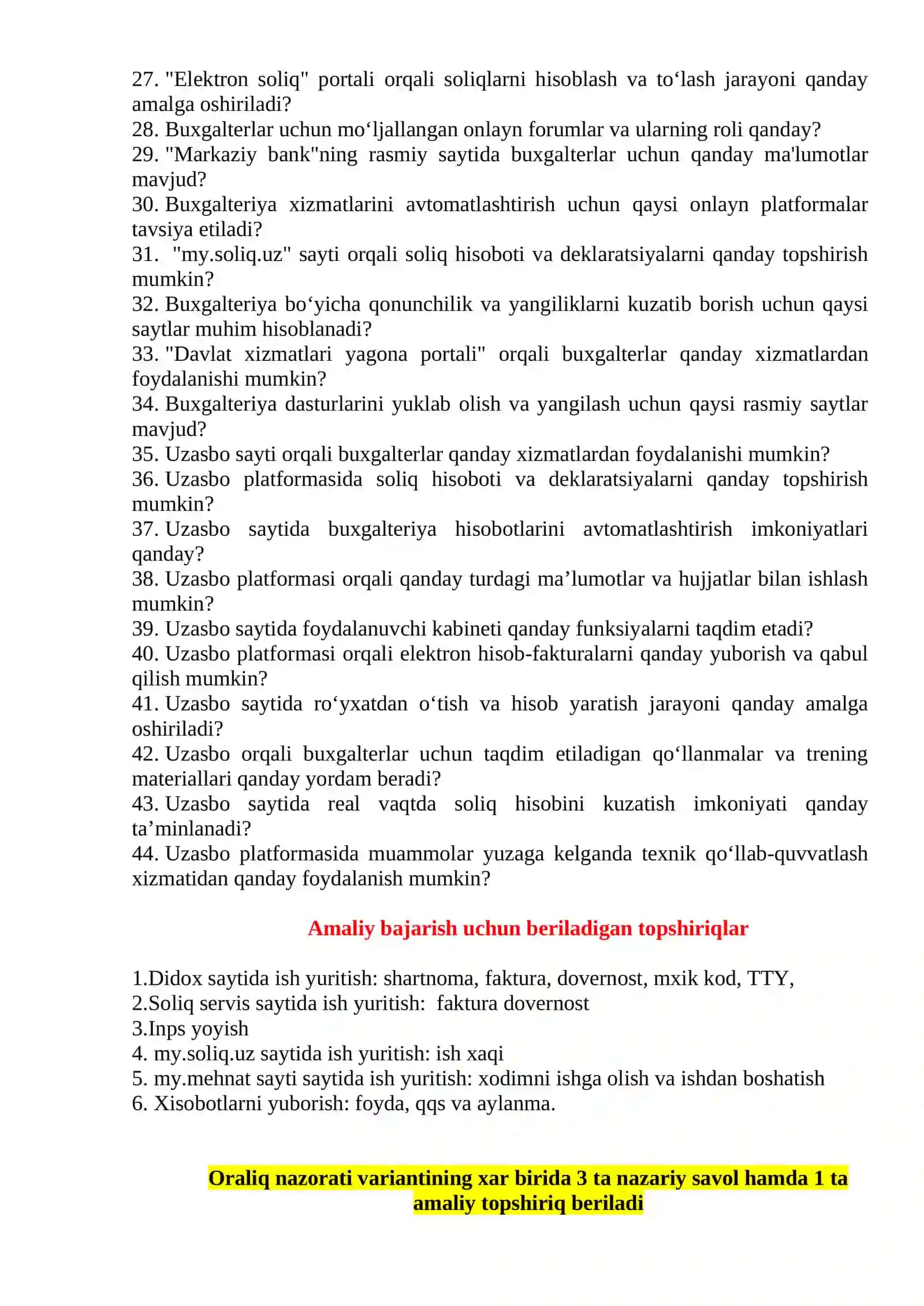 Buxgalteriya hisobining dasturiy komplekslari fanidan oraliq narozar savollari 2