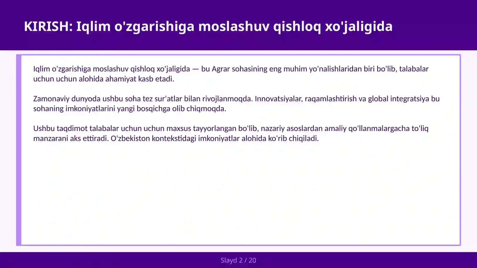 Iqlim o'zgarishiga moslashuv qishloq xo'jaligida 2