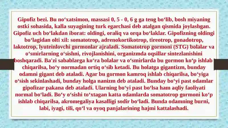 Endokrinbezlar.Gipofiz.Epifiz.Jinsiyyoshgaqarabo'zgarishi.Qalqonsimon,yoshgaqarabo'zgarishi.Buyrakustivaqalgonorqavaayrisimonbezlar,ularningo'zgarishi 2