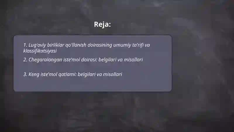 Lugʻaviy birliklar qoʻllanish doidasiga koʻra guruhlanishi: iste'mol doirasi chegaralangan va keng iste'mol qatlami 2
