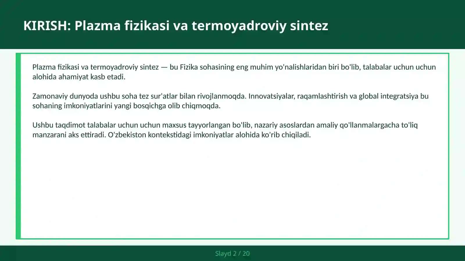 PLAZMA FIZIKASI VA TERMOYADROVIY SINTEZ 2