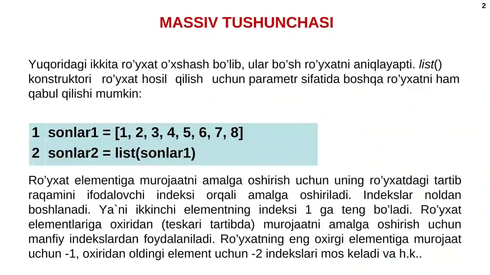 MASSIV TUSHUNCHASI 2
