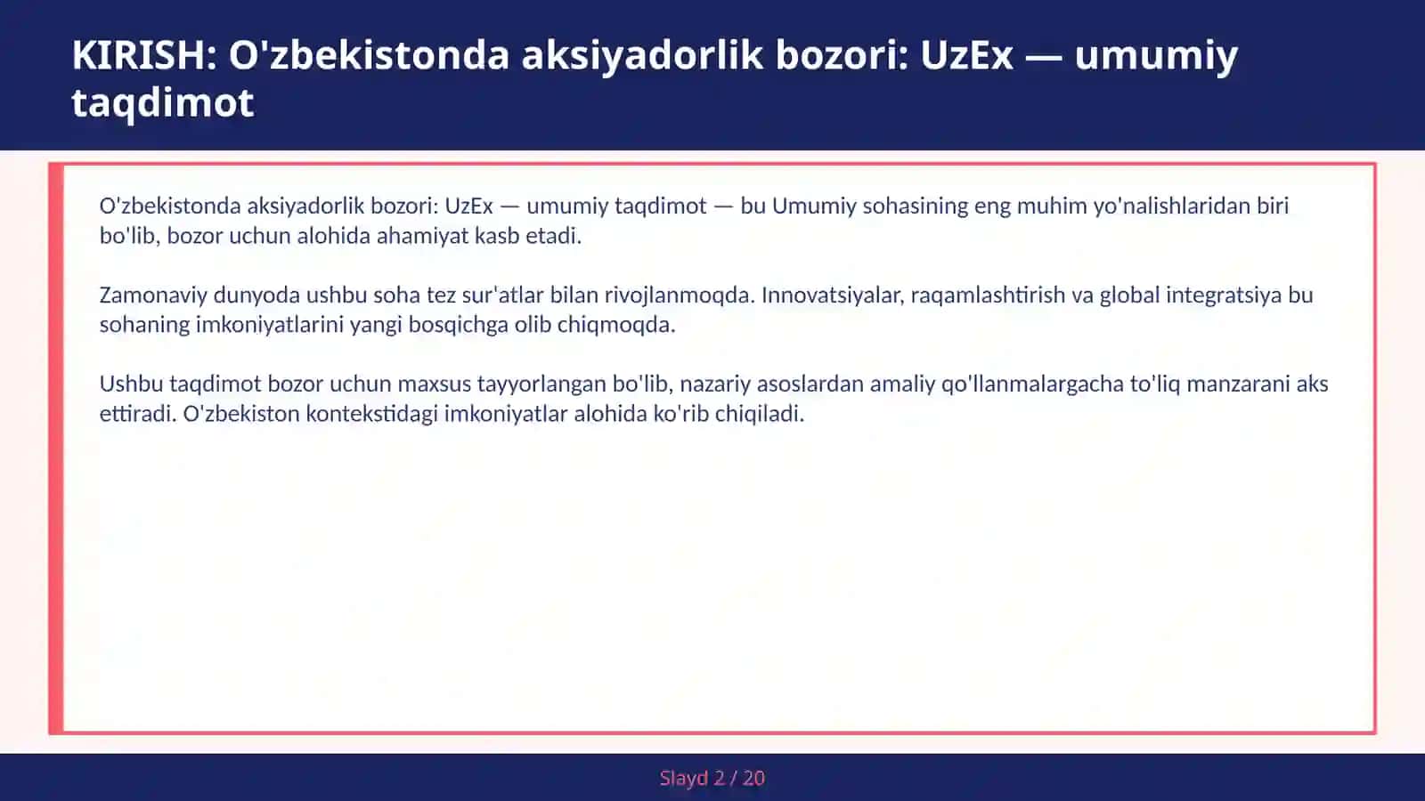 O'zbekistonda aksiyadorlik bozori: UzEx — umumiy taqdimot 2