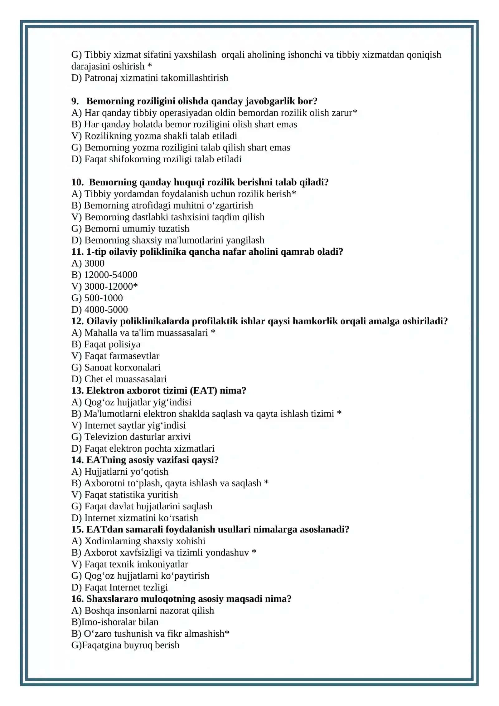 Oila salomatligi testlar to’plami(2026) 2