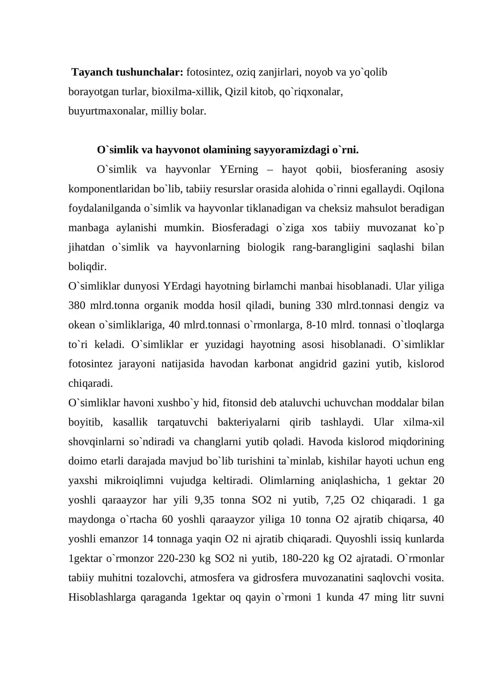 O`simlik va hayvonot olamining sayyoramizdagi o`rni 2